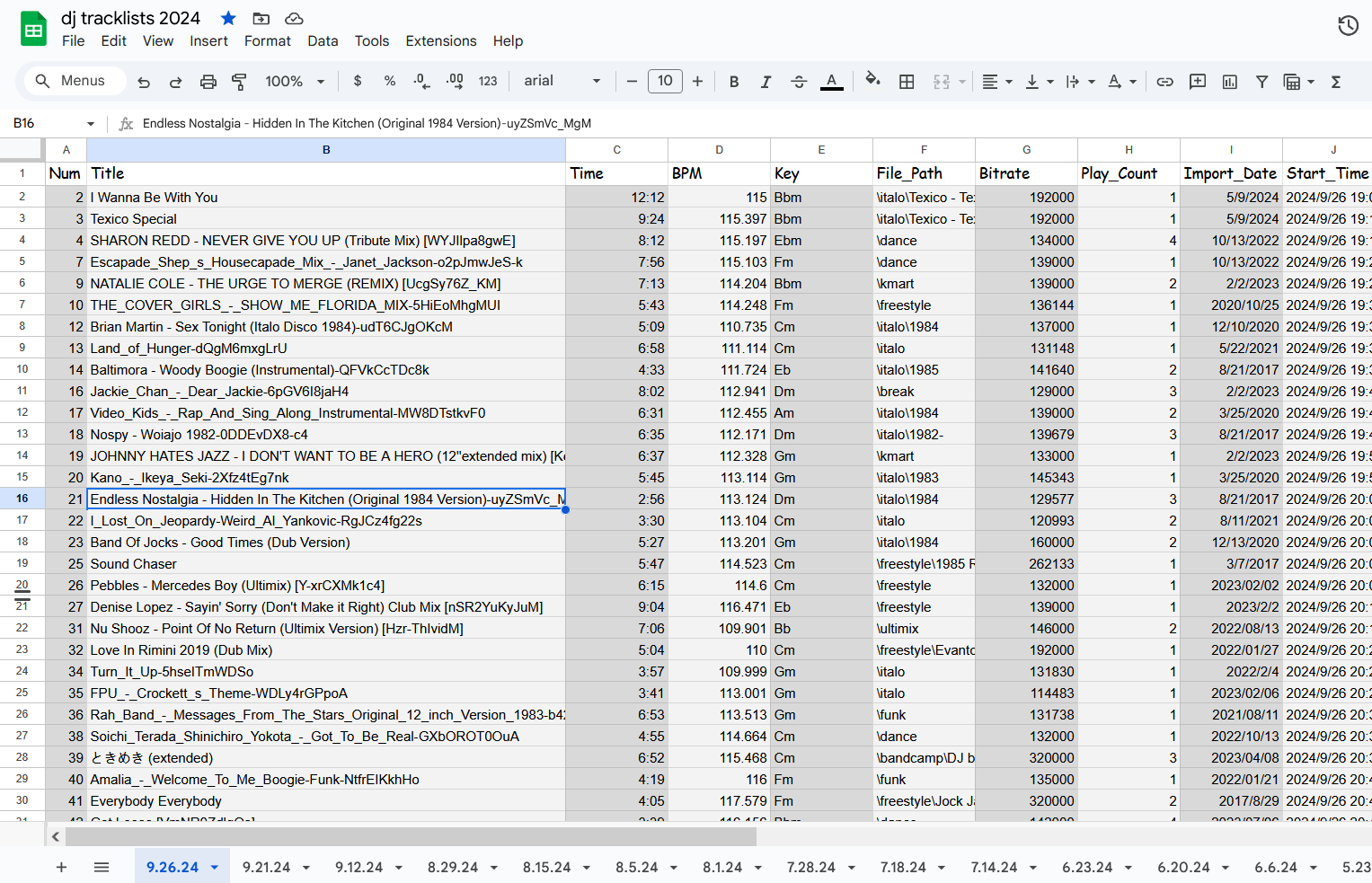 Screenshot of a google sheet called "dj tracklists 2024" and has a long set of rows of track titles with metadata like the length ofthe track, bpm, key, and more